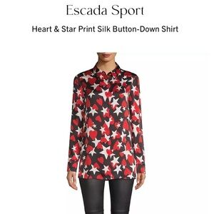Escada Silk Blouse, Hearts, Stars, Black/Red/Cream, Size 42